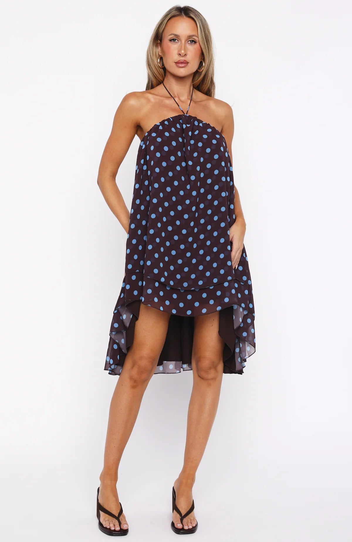 Heartbreaker Status Mini Dress Choc/Blue Polka Dot