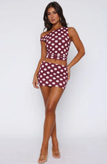 Late Nights Mini Skirt Burgundy Polka Dot